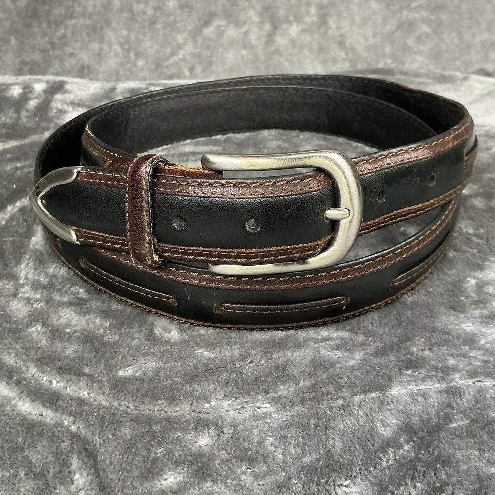 Men's Brown & Black Italian Leather Belt Silver Buckle (Brass) Western Look